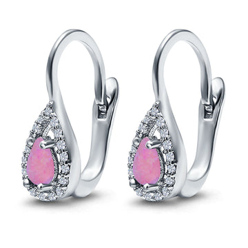 Halo Teardrop LeverBack Earrings Pear Lab Created Pink Opal 925 Sterling Silver